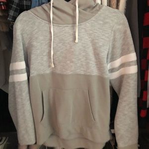 Grey,white stripped, graphic pink on hood